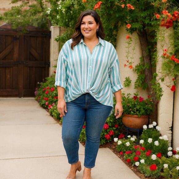 Chico's Tops - NWT Chico's Top Women's Size 4 (2X) Twist Button Down Wynwood Stripe Long Sleeve